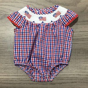 Patriotic Red, White & Blue Gingham Baby Smocked Flag Bubble